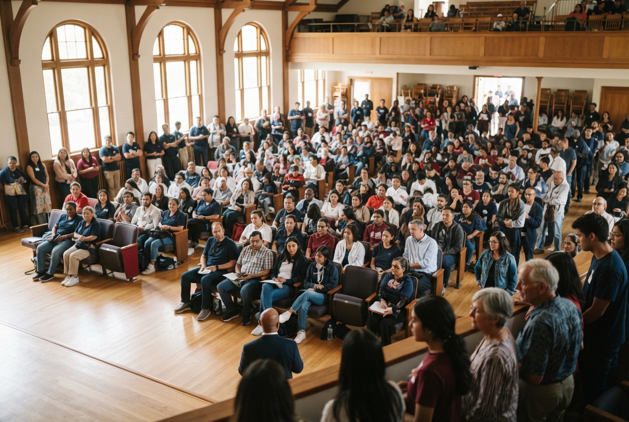 Large audience gathered in a wood-paneled auditorium with arched windows, balcony seating, and a speaker in front.
